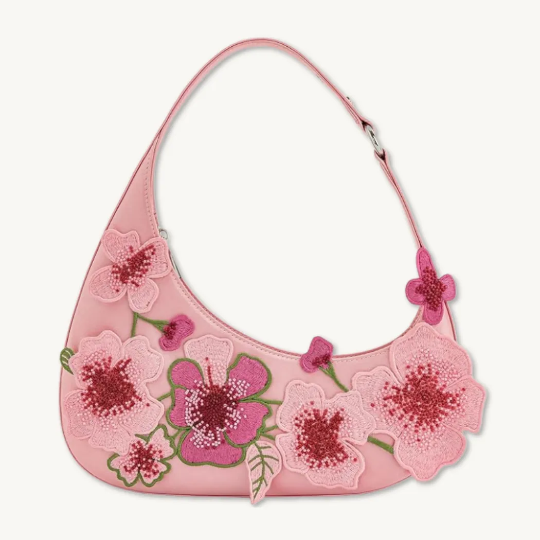 Embroidered Pink Harlee Shoulder Bag